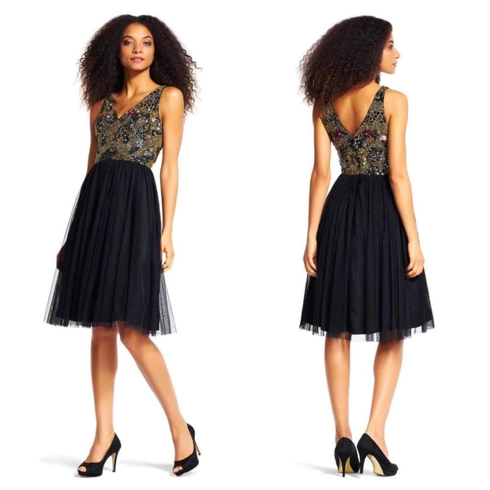 Adrianna Papell Black Tulle Skirt Gold Sequin V-Neck Cocktail Dress
